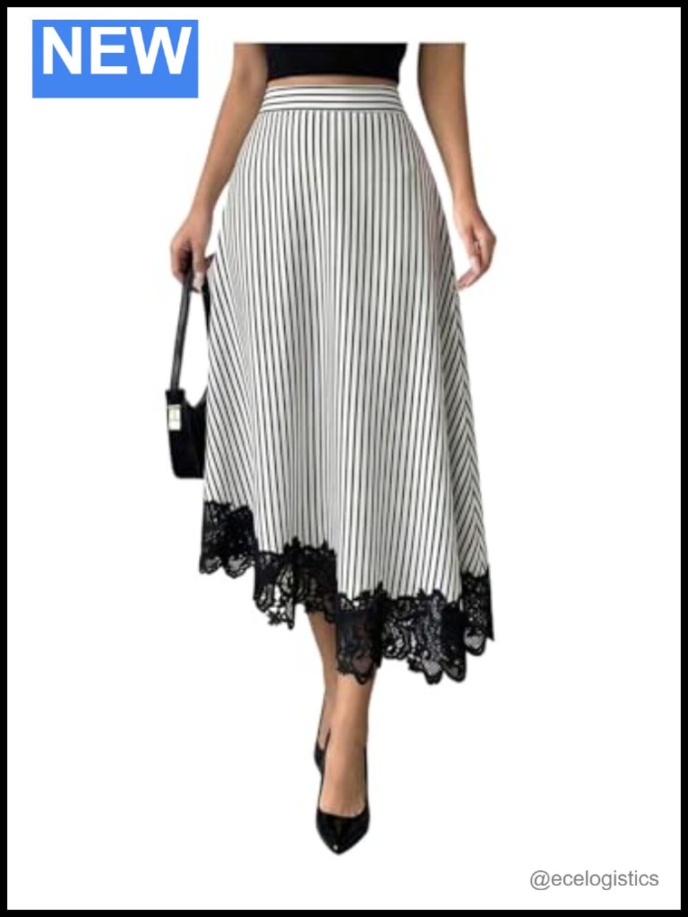 Milumia Women's Striped High Waisted A-Line Midi Skirt Lace Trim Asymmetrical